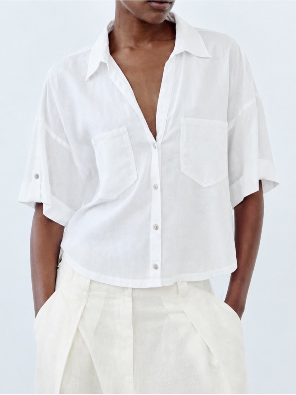 Zara Relaxed White Short-Sleeve Button-Down Shirt